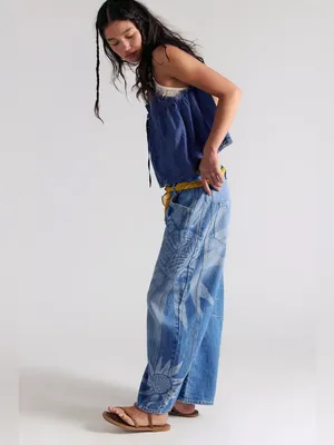 Free People We The Free Good Luck Printed Barrel Jeans in Sun Fade 27 thumbnail 6