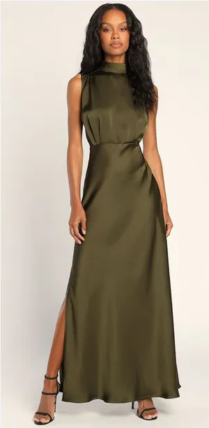 Lulus Classic Elegance Olive Satin Sleeveless Mock Neck Maxi Dress thumbnail 1