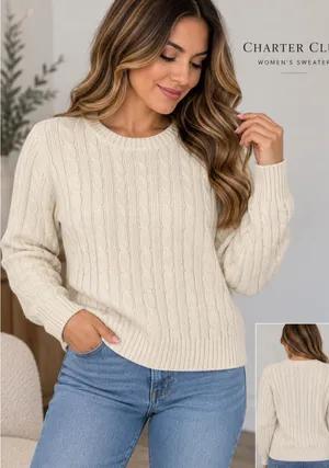 Charter Club Cream Cable-Knit Crewneck Sweater thumbnail 1