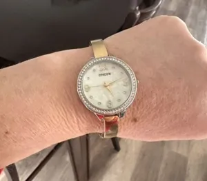 Chico’s Large Face Mother of Pearl Pave Rhinestone Goldtone Delicate‎ Band Watch thumbnail 1