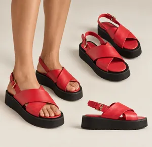 Maeve Anthropologie Red Leather Cross Strap Platform Sandals Size 6.5 $140 thumbnail 1