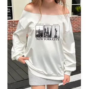 Shein Women’s XS White NYC Graphic Sweatshirt Off Shoulder Times Square Liberty thumbnail 7