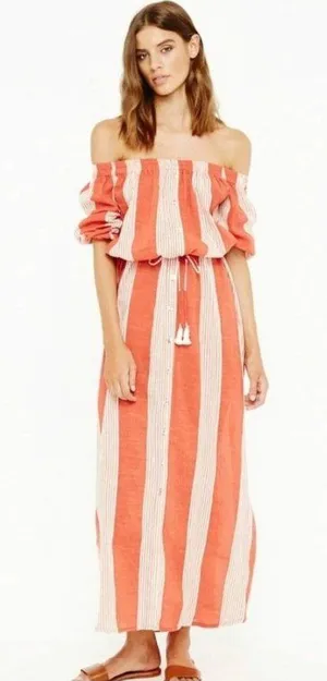 Faithfull The Brand Sun Striped Gauzy Cotton Off Shoulder Orange Maxi Dress 2 thumbnail 1