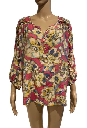 Zac & Rachel Watercolor Boho Blouse Sleeve Ruffle size L thumbnail 1
