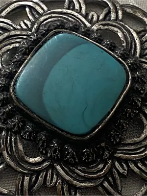3” Round Boho Necklace Pendant Faux Turquoise Stone On Silver Tone Metal Vintage thumbnail 3