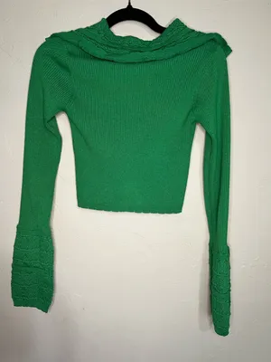 Cider Kelly Green‎ Ribbed Cropped Button-Up Exaggerated Cuff Cardigan Sweater thumbnail 5