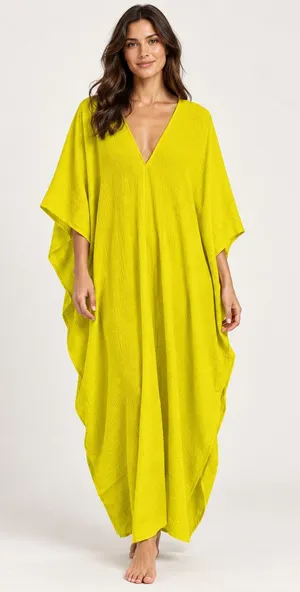 New Natori Onsen Cotton Caftan Dress Yellow Size Large thumbnail 1