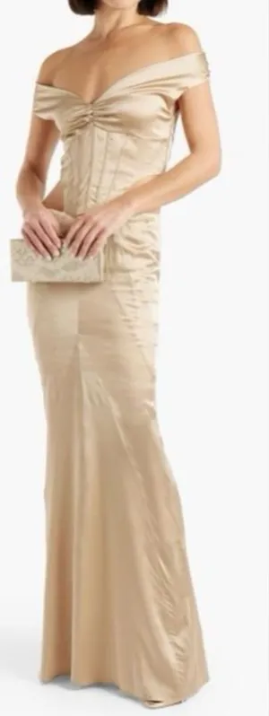 NWT RETROFETE Nika Corset Silk Nude Champagne Cut Out Formal Maxi Dress Gown thumbnail 1