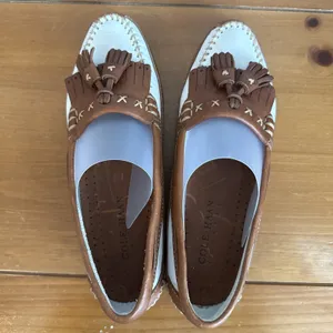 Cole Haan Country Loafers Brown/White Leather Tassel Kiltie Moc Toe Shoes Sz 7.5 thumbnail 9