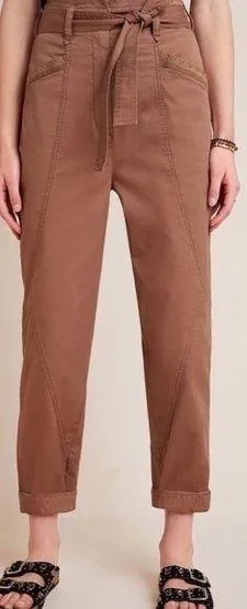Anthropologie 4 Ellie Embroidered Brown Utility Pants Belted High Waisted Size 2 thumbnail 1