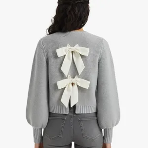COMMENSE Crew Neck Bow Knit Top Gray Size M thumbnail 2