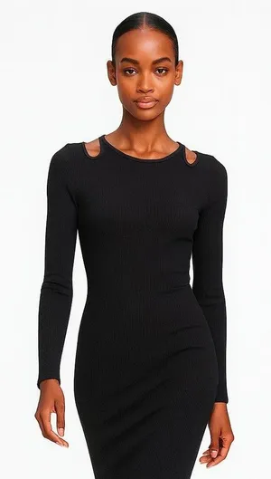 WHBM FORME Black Rib Midi Bodycon Cutout Cocktail Dress sz LRG LBD nwot thumbnail 1