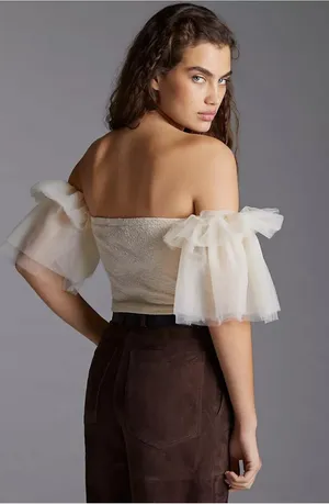 Anthropologie Sunday In Brooklyn Tulle Off The Shoulder Blouse Top Ivory Xl thumbnail 4