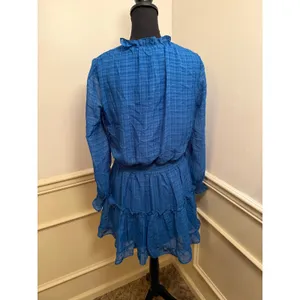 NSR Nordstrom Royal Blue Plaid Ruffle Mini Dress Smocked Waist Long Sleeve Boho thumbnail 6