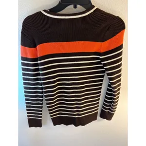 Lauren Ralph Lauren Brown Striped Ribbed V-Neck Cardigan Sweater Orange White M thumbnail 3