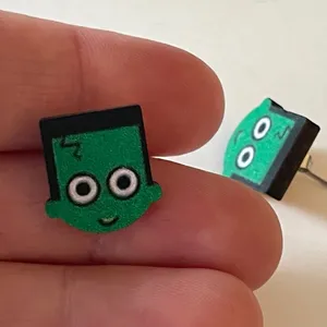Playful Frankenstein Monster Green and Black wooden stud Earrings silver backs thumbnail 2