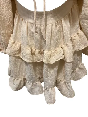Windsor Milkmaid Smocked Ivory Ruffled Mini Dress S Ruched Top Tier Skirt Balloon Sleeve thumbnail 4