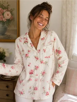 Lauren Ralph Lauren Cream Pajama Top with Pink Floral Print thumbnail 1
