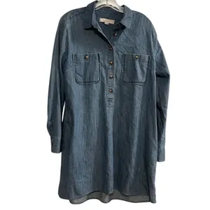 Ann Taylor LOFT Women's M Blue Denim Long Sleeve Tunic‎ Dress Short Side Pockets thumbnail 10