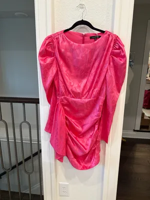 Strut & Bolt Hot Pink Satin Jacquard Puff Sleeve Mini Dress NWT Small thumbnail 2