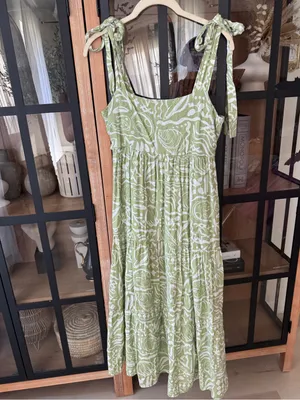 Blu Pepper midi dress bows olive tropical doodles tie straps square neck tiered thumbnail 2