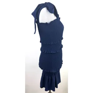 Altar'd State Navy Blue Ruffle Smocked Shoulder Tie Bodycon Dress Size XS thumbnail 3
