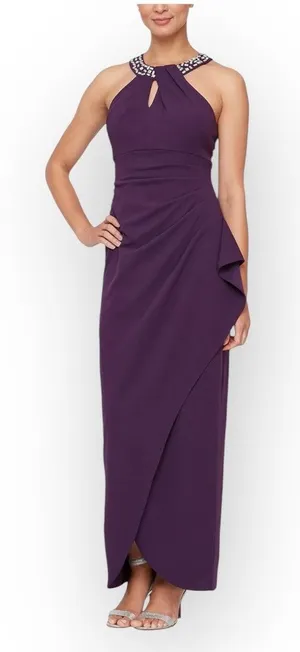 S.L. Fashions SLNY Maxi Dress Women's Plus 18 Purple Embellished Halter Neckline thumbnail 1