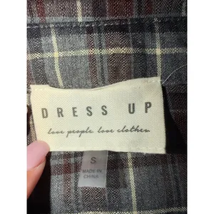 Dress Up Womens Plaid Tiered Button Front Dress Puff Sleeve Grey Burgundy Small thumbnail 2