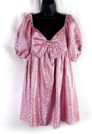 SAU LEE Arabella Mini Dress in Candy Pink Jacquard Floral Bow Puff Sleeve US 8 thumbnail 1