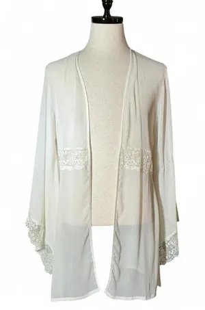 Jezebel Ivory Chiffon Lace Trim Robe Kimono‎ Sheer Bridal Loungewear OV-1601 S/M thumbnail 1