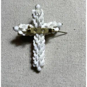 Vintage Religious Jesus Cross Christianity White Beaded Rose Brooch Sz 2” thumbnail 3