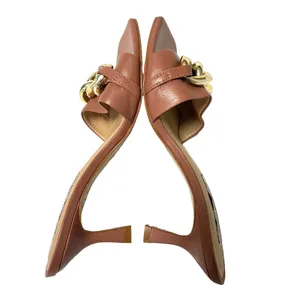 Saks Fifth Avenue Leather Kitten Heel Sandals Mule Square Toe Brown Women’s 5.5 thumbnail 3