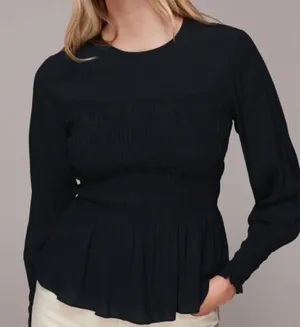 Whistles‎ Women's Size 10 Black Rosanna Shirred Top Long Sleeve Crewneck Keyhole thumbnail 1