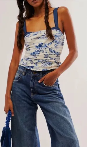 NWOT Free People 2 Tone Printed Tank - ivory blue combo - medium thumbnail 1