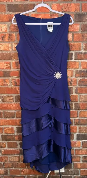 Tadashi Shoji womens tiered ruffled silk ruched broach cocktail dress blue 12 thumbnail 1