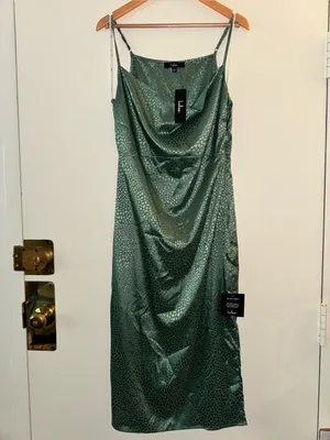 NWT Lulus Total Stunner Sage Green Satin Jacquard Cowl Neck Midi Large thumbnail 5