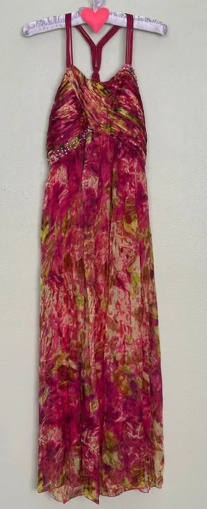 Gorgeous NWT XL Silk Rhinestone Pink Green Maxi Dress Formal Wedding Guest Y2K thumbnail 1
