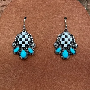 Checkerboard Faux Leather Teardrop Earrings with Turquoise thumbnail 1