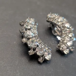 Vintage Clip On Earrings Large Curved Silver Tone & Clear Gems - Statement Glam thumbnail 4