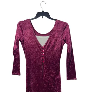 Crushed Velvet Maxi Dress Burgundy Deep VNeck Button Front Gold Sparkle Lining S thumbnail 3