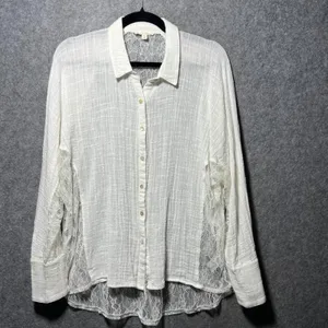 Hem &‎ Thread Ivory Lace Panel Gauze Button Down Shirt Large Boho Romantic Sheer thumbnail 11