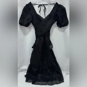 Lulus Celebratory Moment Black Surplice Puff Sleeve Midi Dress thumbnail 3