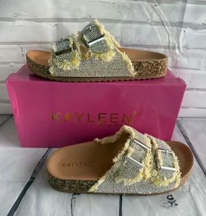 KAYLEEN By Los Angeles Stevie in Yellow Frayed Double-Buckle Rhinestone Slides thumbnail 1