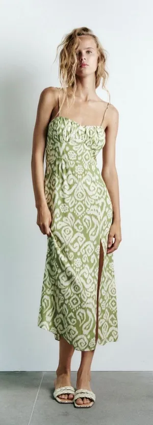 Zara Womens Green Ikat Print Lace Up Back Midi Dress Ruched Slit Summer‎ Boho M thumbnail 1
