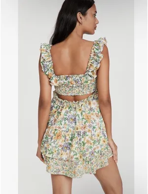 For Love And Lemons Floral Ruffle Mini Dress in White, Green, Yellow thumbnail 2