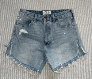 Free People Faded Blue Medium Wash Distressed Long Denim Cut Off Shorts Sz 24 thumbnail 1