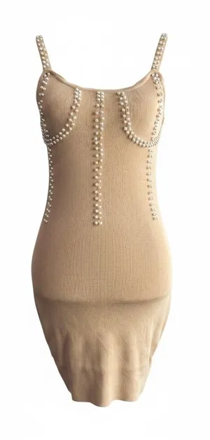 Beige Pearl-Embellished Knit Mini Dress thumbnail 1