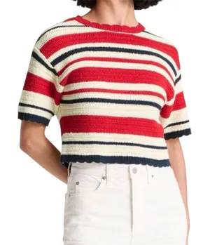 Red White Blue Striped Crochet Knit Crop Sweater Top Nautical Coastal Size Small thumbnail 1
