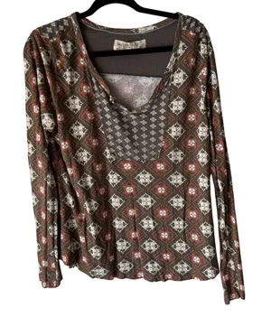 Aventura Shirt Womens XL Multicolor‎ Boho Rayon Peasant Geometric Print Top thumbnail 1