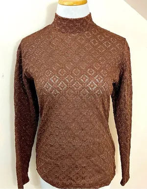 Manuela Semi Sheer Brown Lace/ Crochet Mock Neck Long Sleeve Top S thumbnail 1